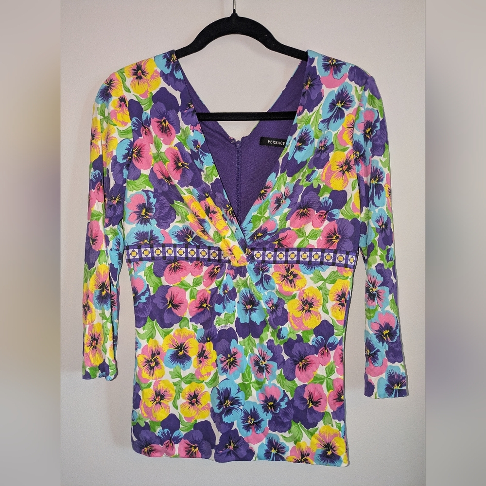 Versace Miami 1990s Floral Print V Neck Top Size 8